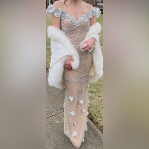 Custom-Made Elegant Silver and Cream Floral Evening Dress